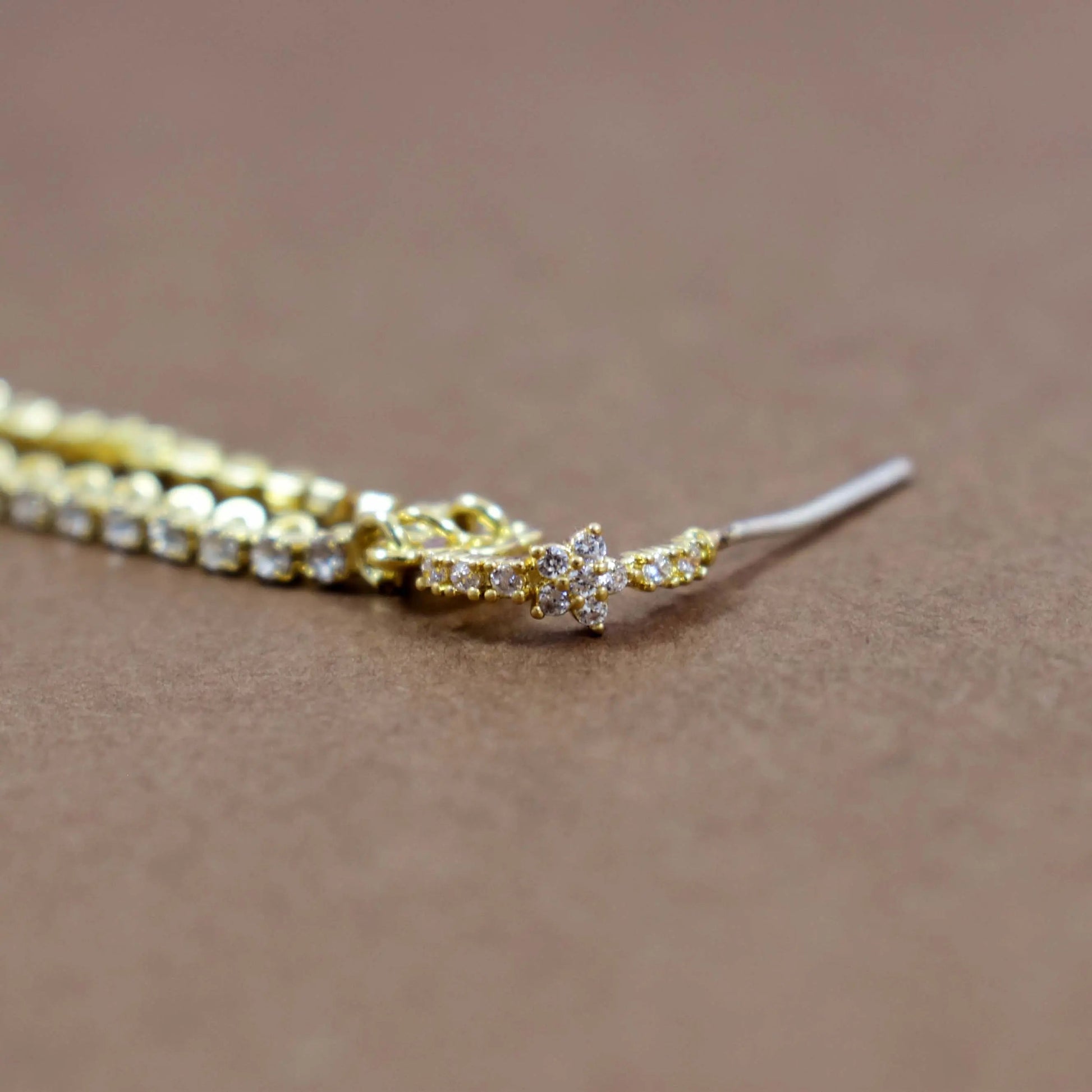 Crystal flower arched long drop gold earrings