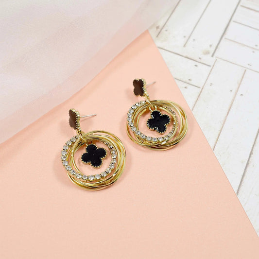 Crystal hoops black clubs charm golden earrings