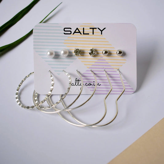 Set of 6 Heart Round Hoop Textured Earrings - Silver with Rhinestone and Pearl Studs