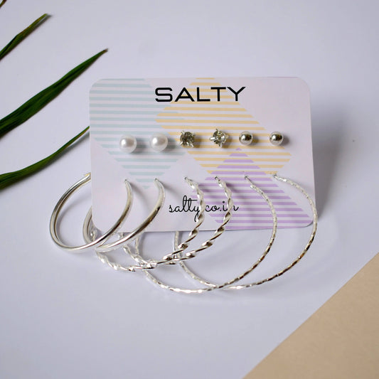 Set of 6 Round Circle Hoop Textured Earrings - Silver with Rhinestone and Pearl Studs