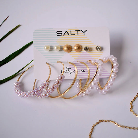 Set of 6 Pearl Hoop Round Heart Earrings and Studs