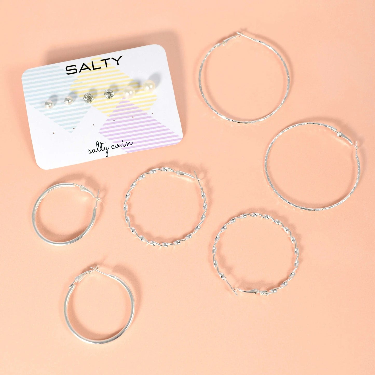Set of 6 Round Circle Hoop Textured Earrings - Silver with Rhinestone and Pearl Studs
