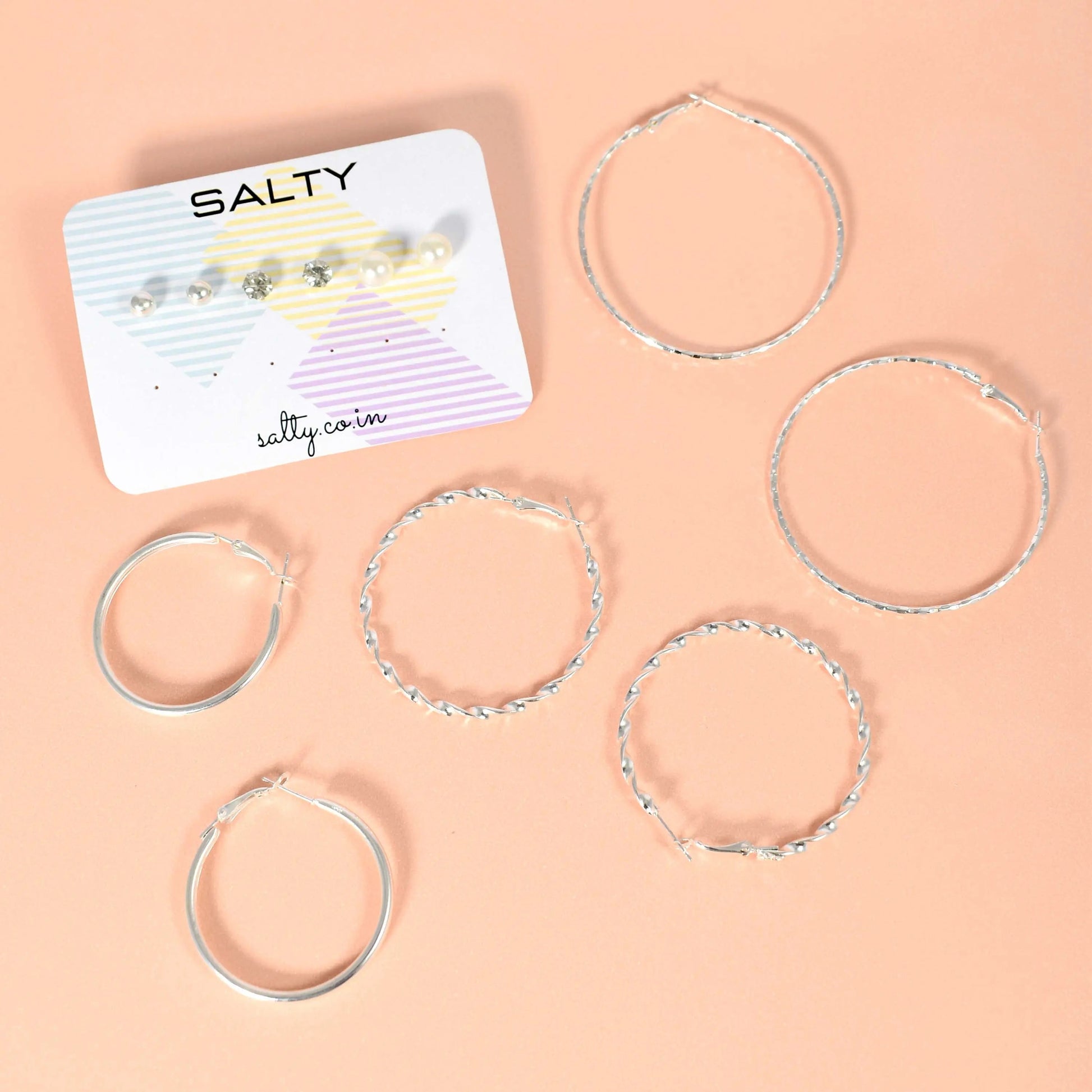 Set of 6 Round Circle Hoop Textured Earrings - Silver with Rhinestone and Pearl Studs