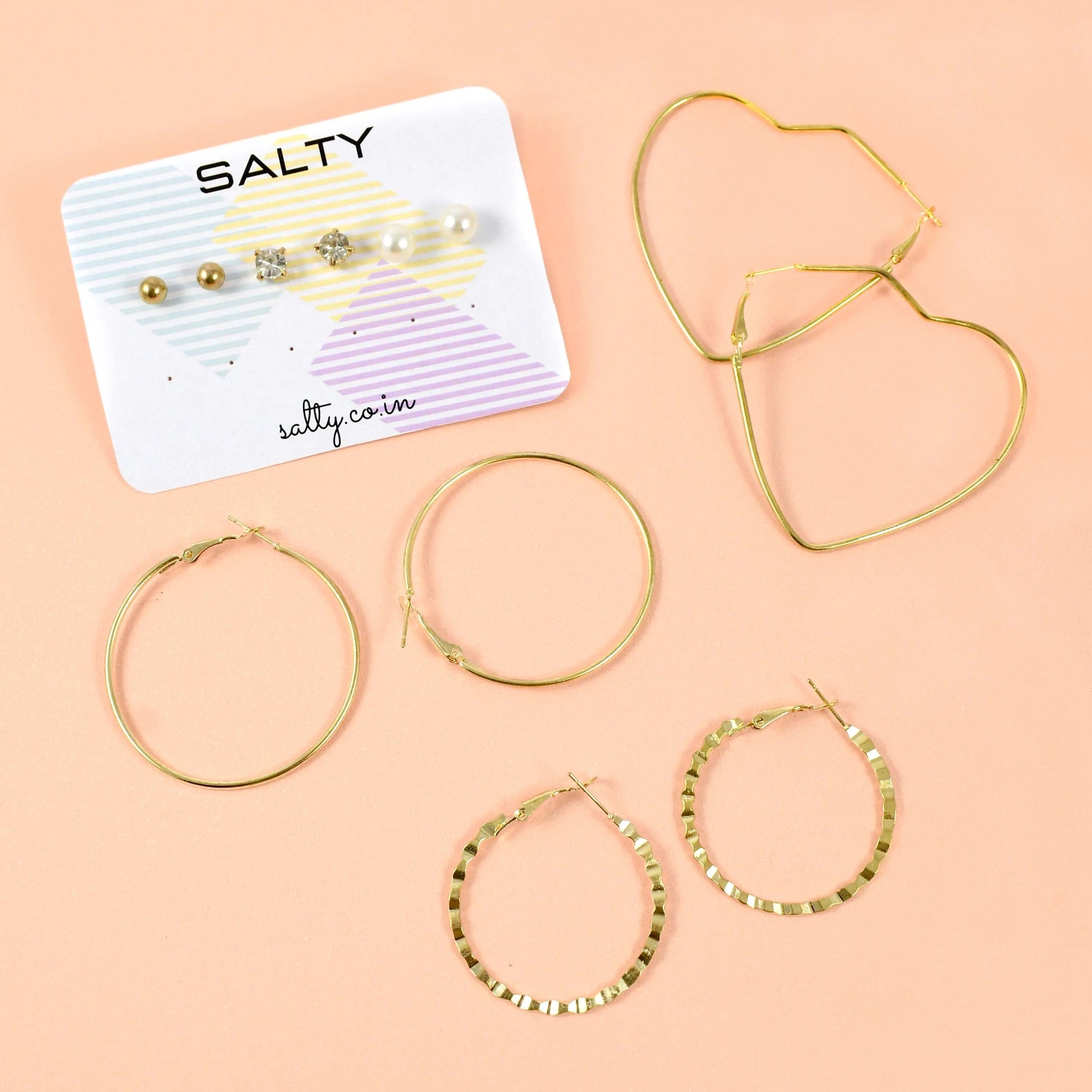 Set of 6 Heart Round Hoop Textured Earrings - Gold with Rhinestone and Pearl Studs
