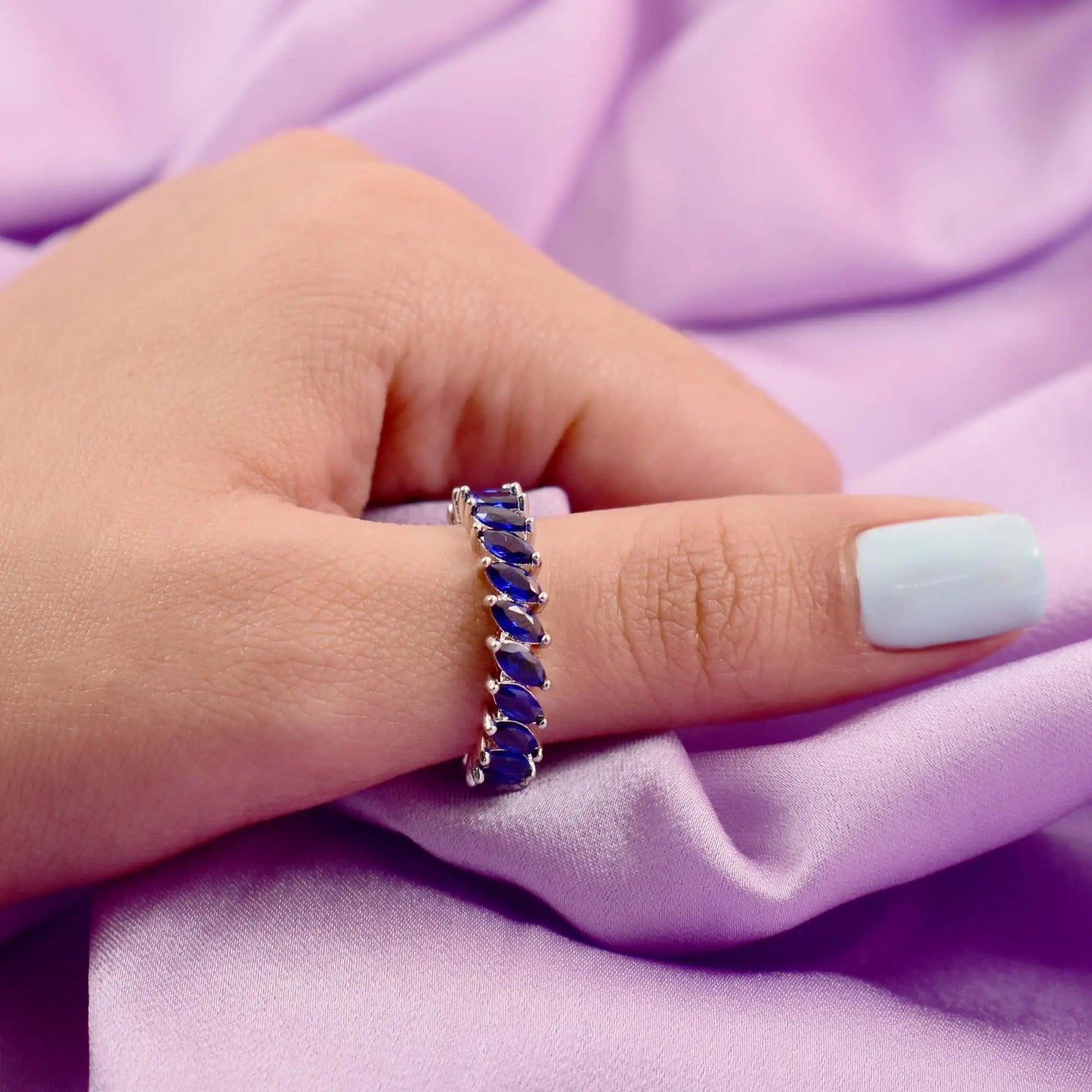 Navy leaf silver tennis ring