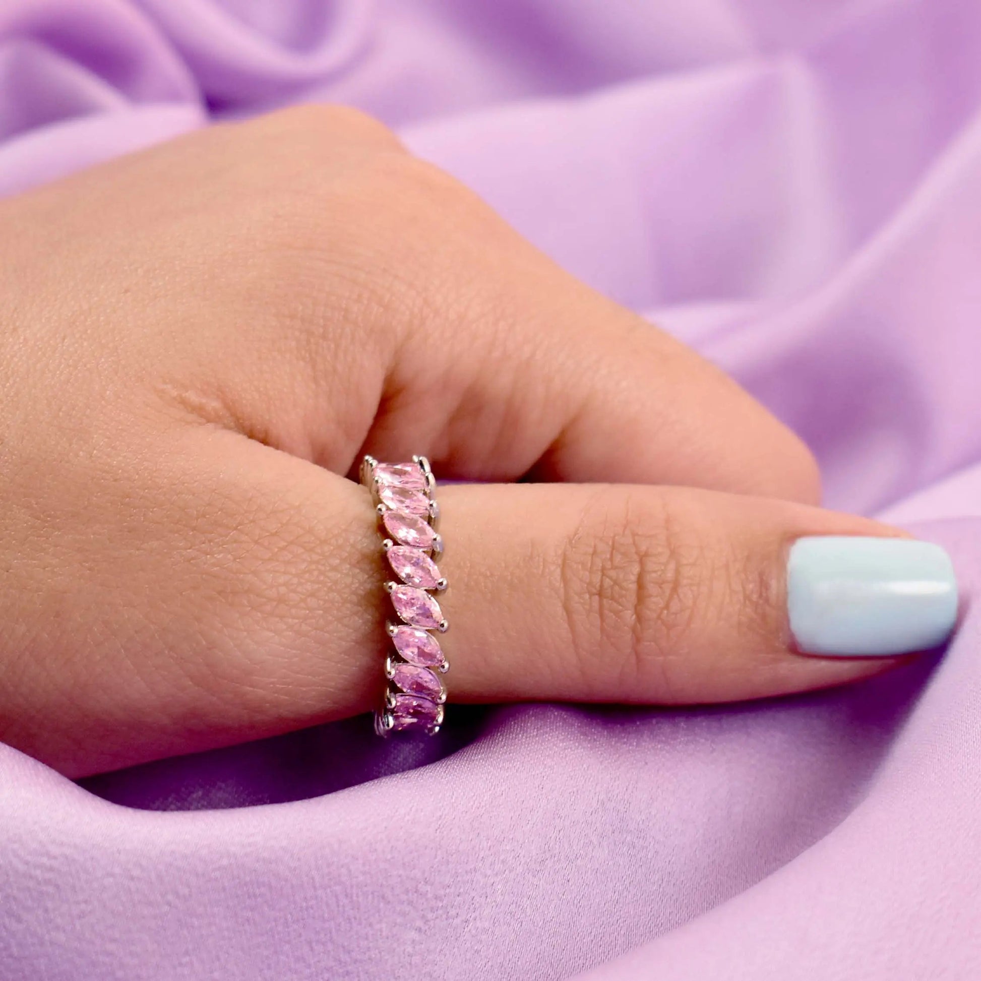 Blush pink leaf silver tennis ring