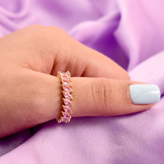 Pink leaf gold tennis ring