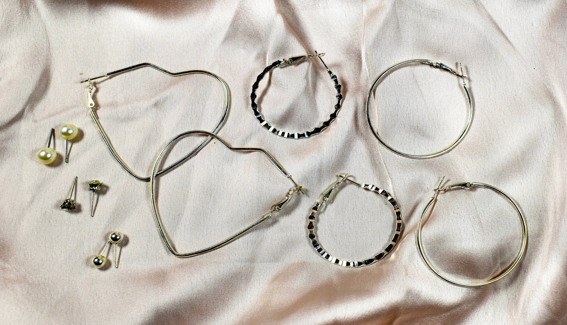 Set of 6 Heart Round Hoop Textured Earrings - Silver with Rhinestone and Pearl Studs