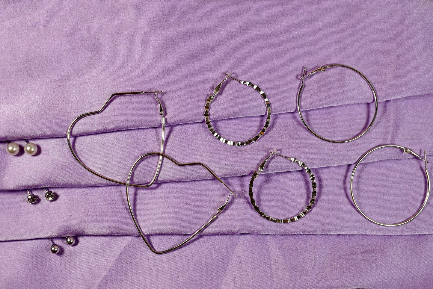 Set of 6 Heart Round Hoop Textured Earrings - Silver with Rhinestone and Pearl Studs
