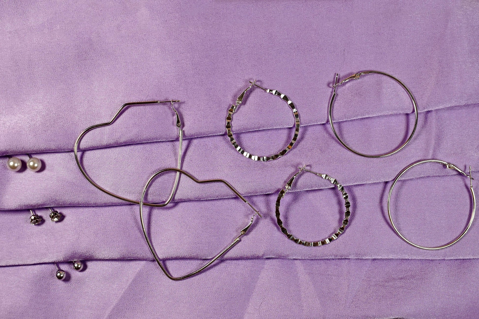Set of 6 Heart Round Hoop Textured Earrings - Silver with Rhinestone and Pearl Studs