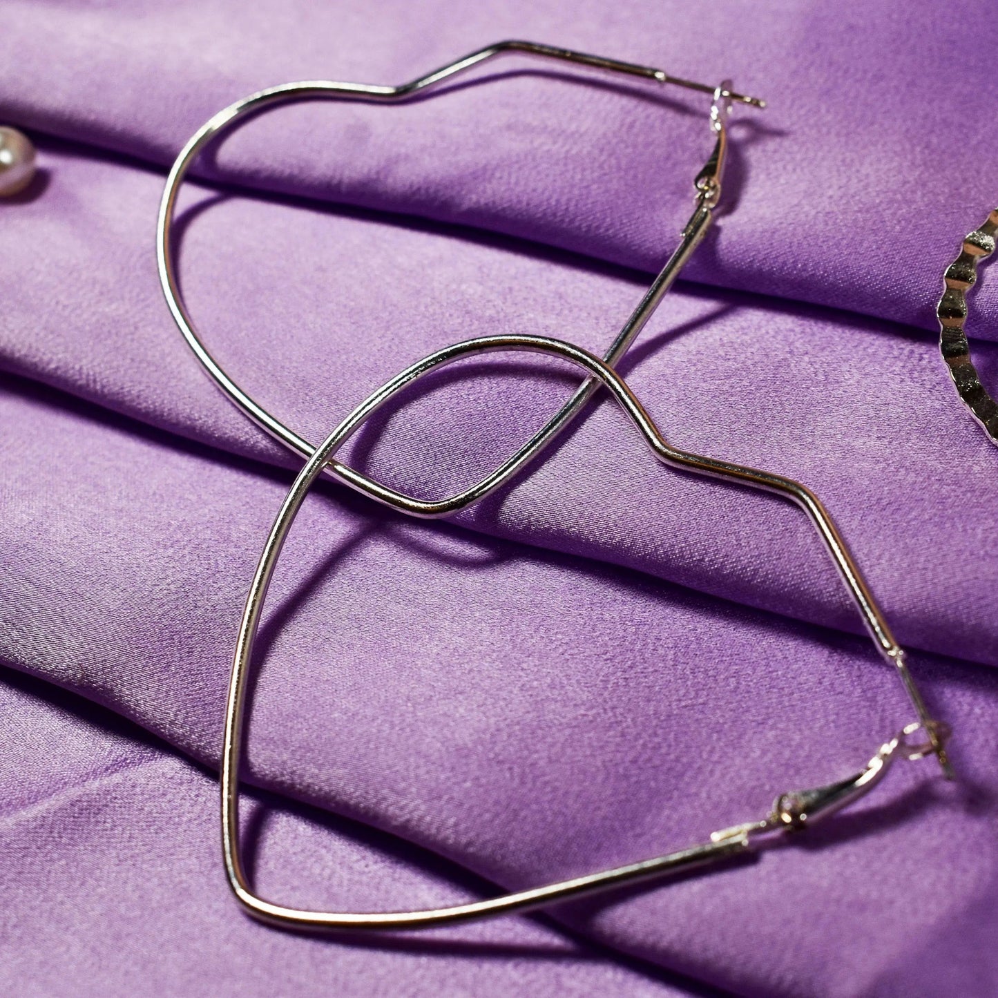 Set of 6 Heart Round Hoop Textured Earrings - Silver with Rhinestone and Pearl Studs
