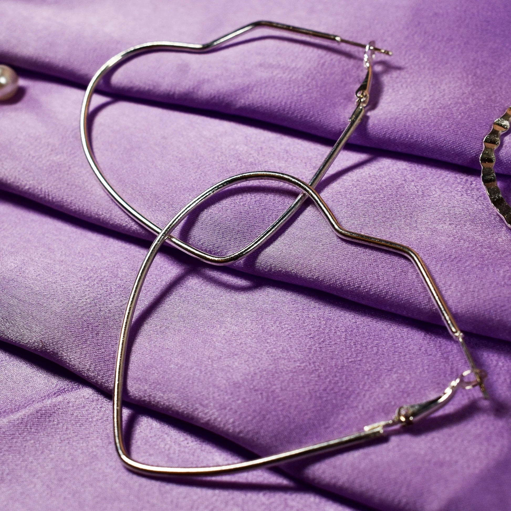 Set of 6 Heart Round Hoop Textured Earrings - Silver with Rhinestone and Pearl Studs