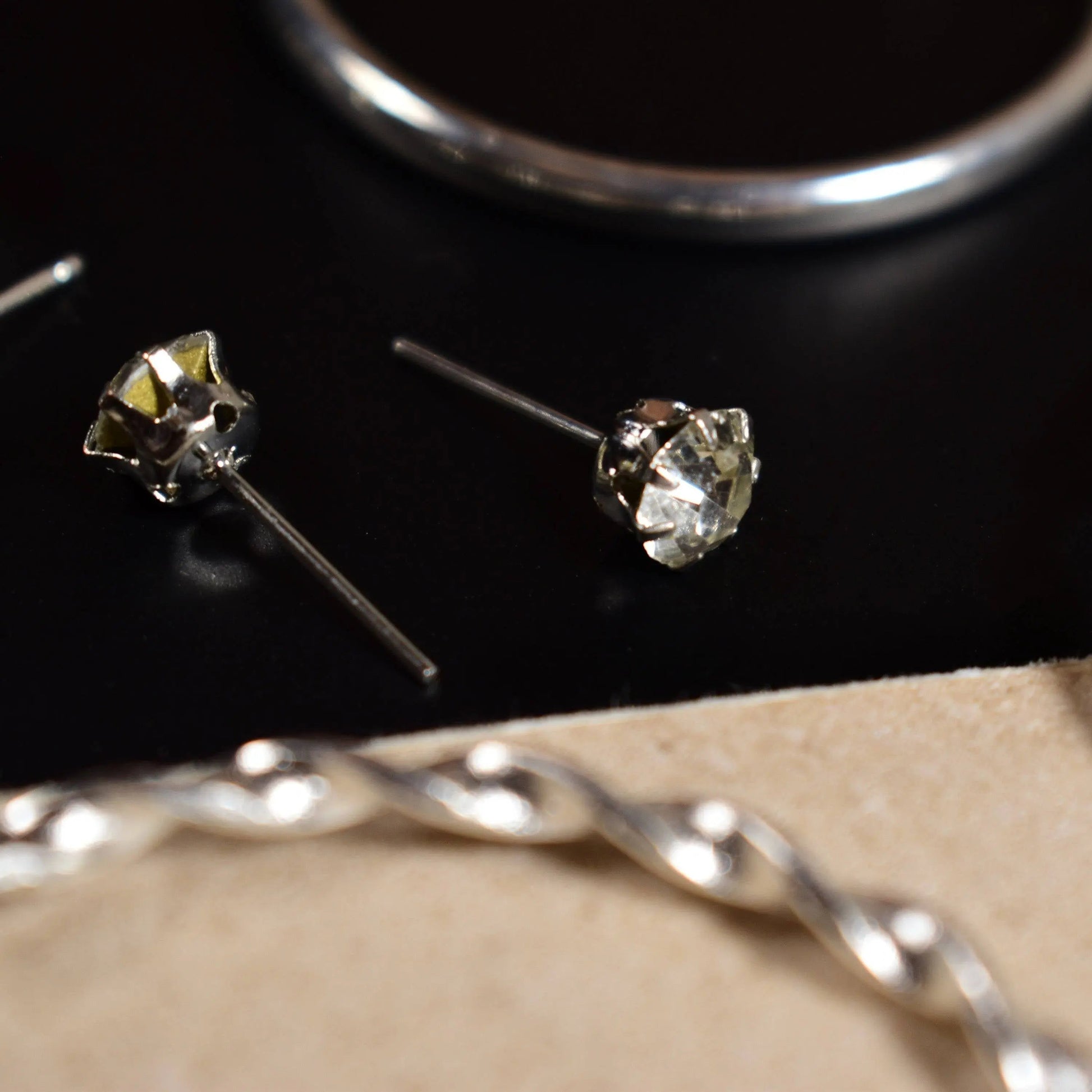 Set of 6 Round Circle Hoop Textured Earrings - Silver with Rhinestone and Pearl Studs