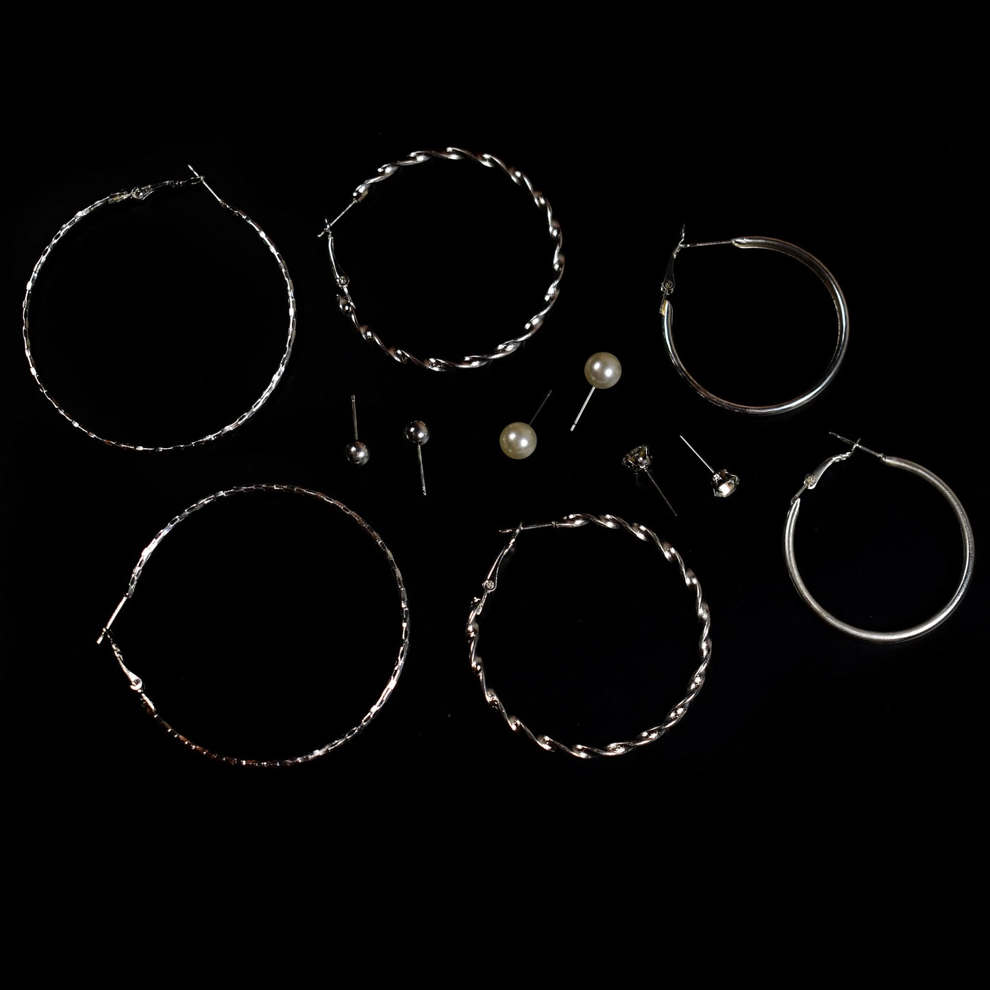 Set of 6 Round Circle Hoop Textured Earrings - Silver with Rhinestone and Pearl Studs