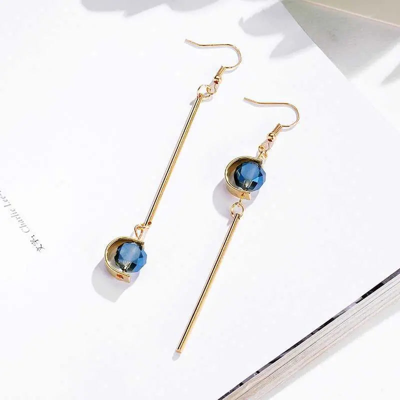 Double C Shape Asymmetric Blue Stone Grey Stone Drop Earrings