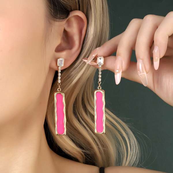 Pink Enamel Crystal Gold Earring