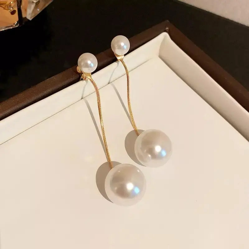 2-in-1 Big Pearl Dangle Drop Earrings - Gold | Salty