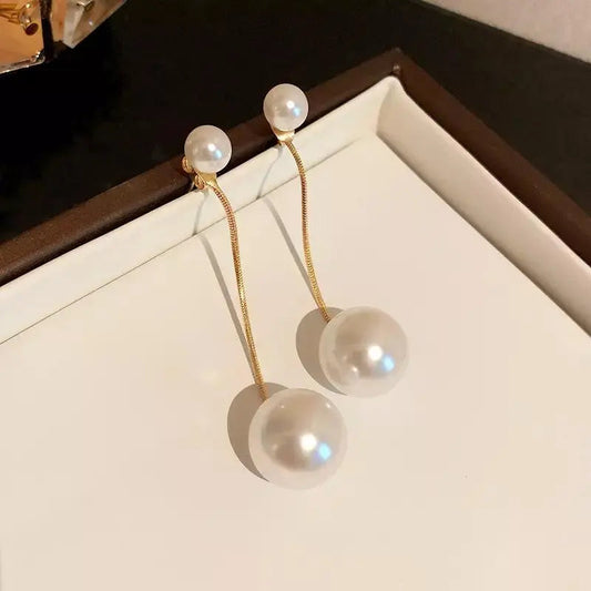 2-in-1 Big Pearl Dangle Drop Earrings - Gold | Salty