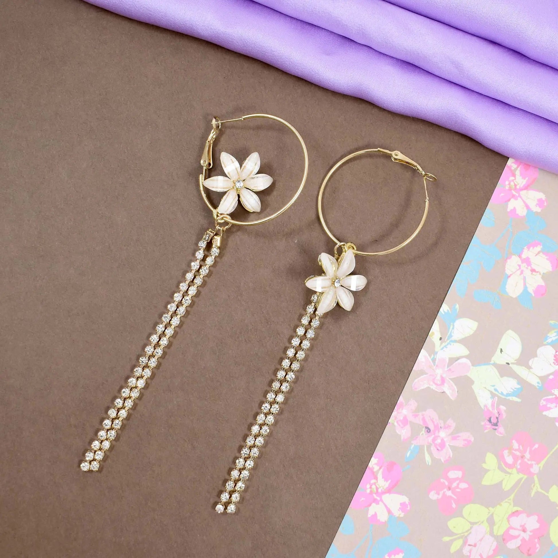 Flower hoop chain drop gold earrings