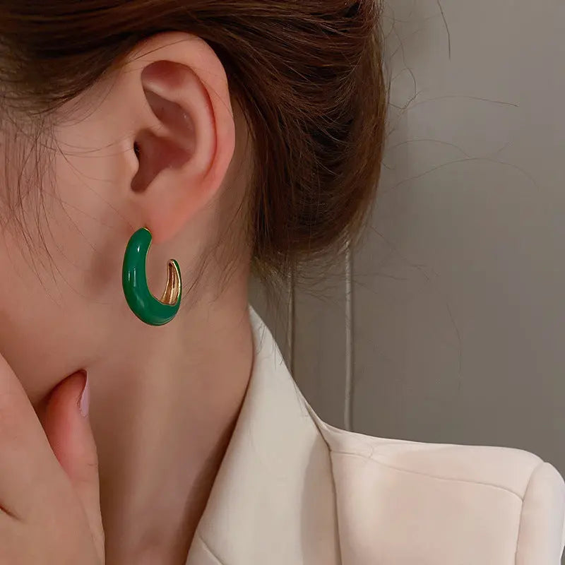 Glossy Enamel Stainless Steel Earrings - Green