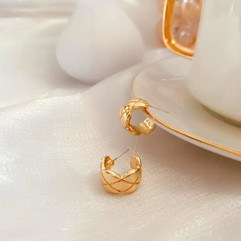 Gold Plated Cross Strip Wide Chunky Hoop Earrings