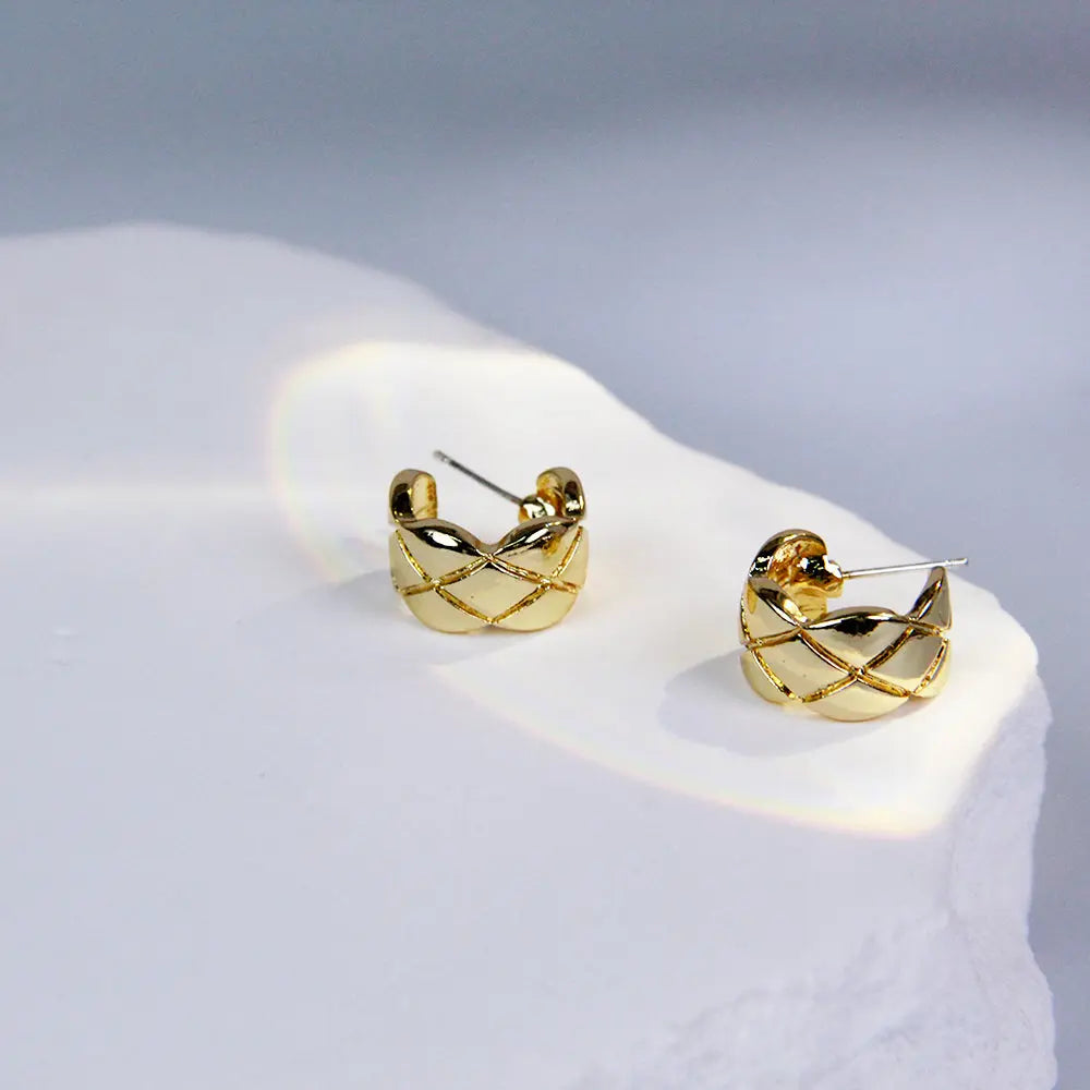 Gold Plated Cross Strip Wide Chunky Hoop Earrings