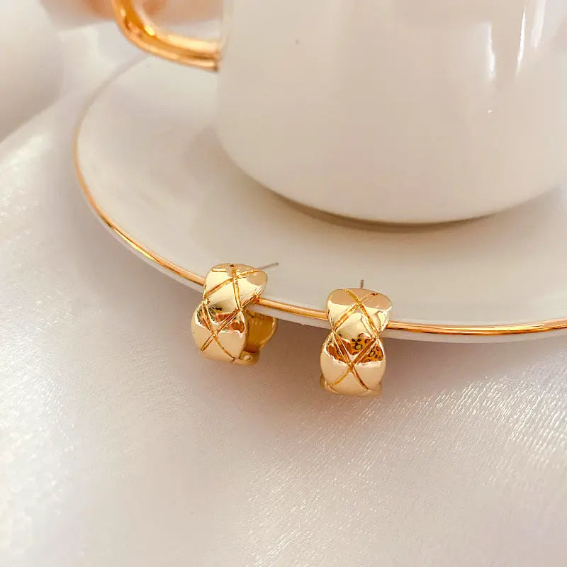 Gold Plated Cross Strip Wide Chunky Hoop Earrings
