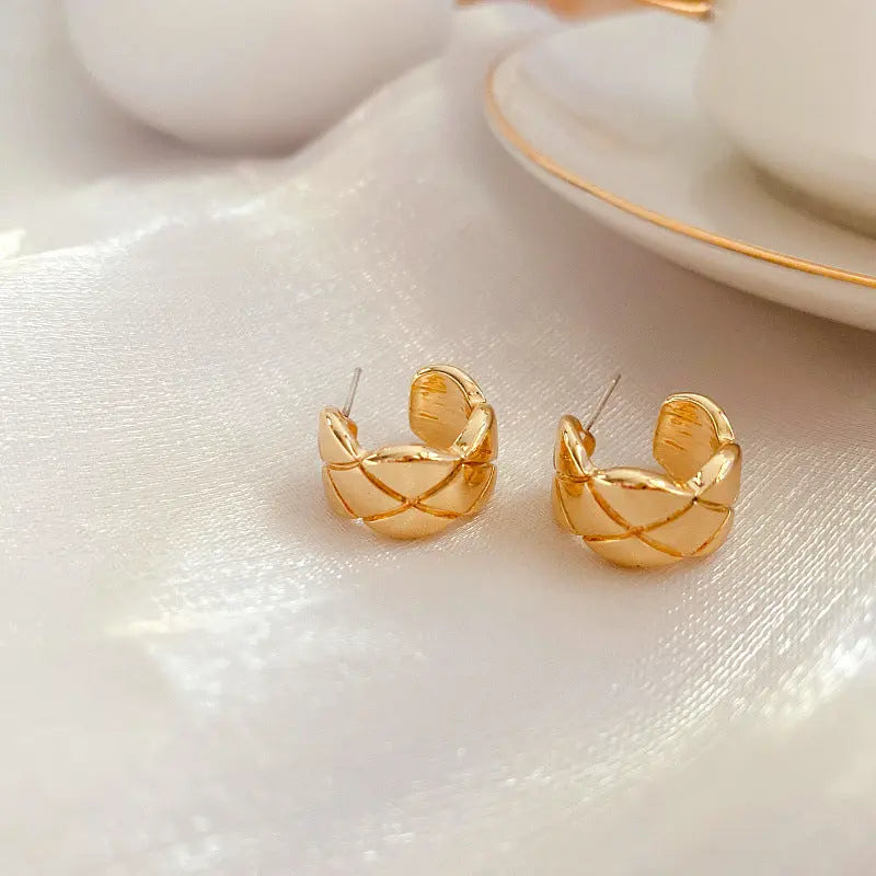 Gold Plated Cross Strip Wide Chunky Hoop Earrings