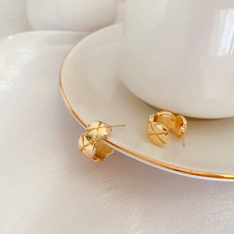 Gold Plated Cross Strip Wide Chunky Hoop Earrings