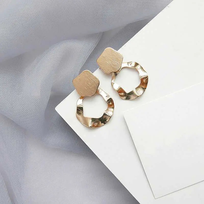 Gold Shine Asymmetrical Wavy Round Drop Earrings