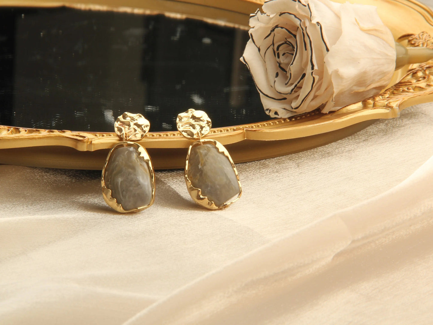 Gold plated Resin Gemston Pendant Earrings - Pewter