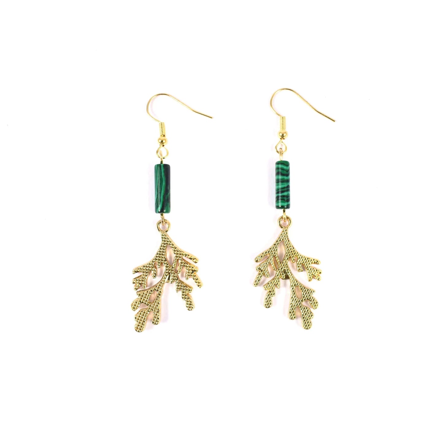 Green Emerald Stone Gold Tree Hanging Drop Earrings