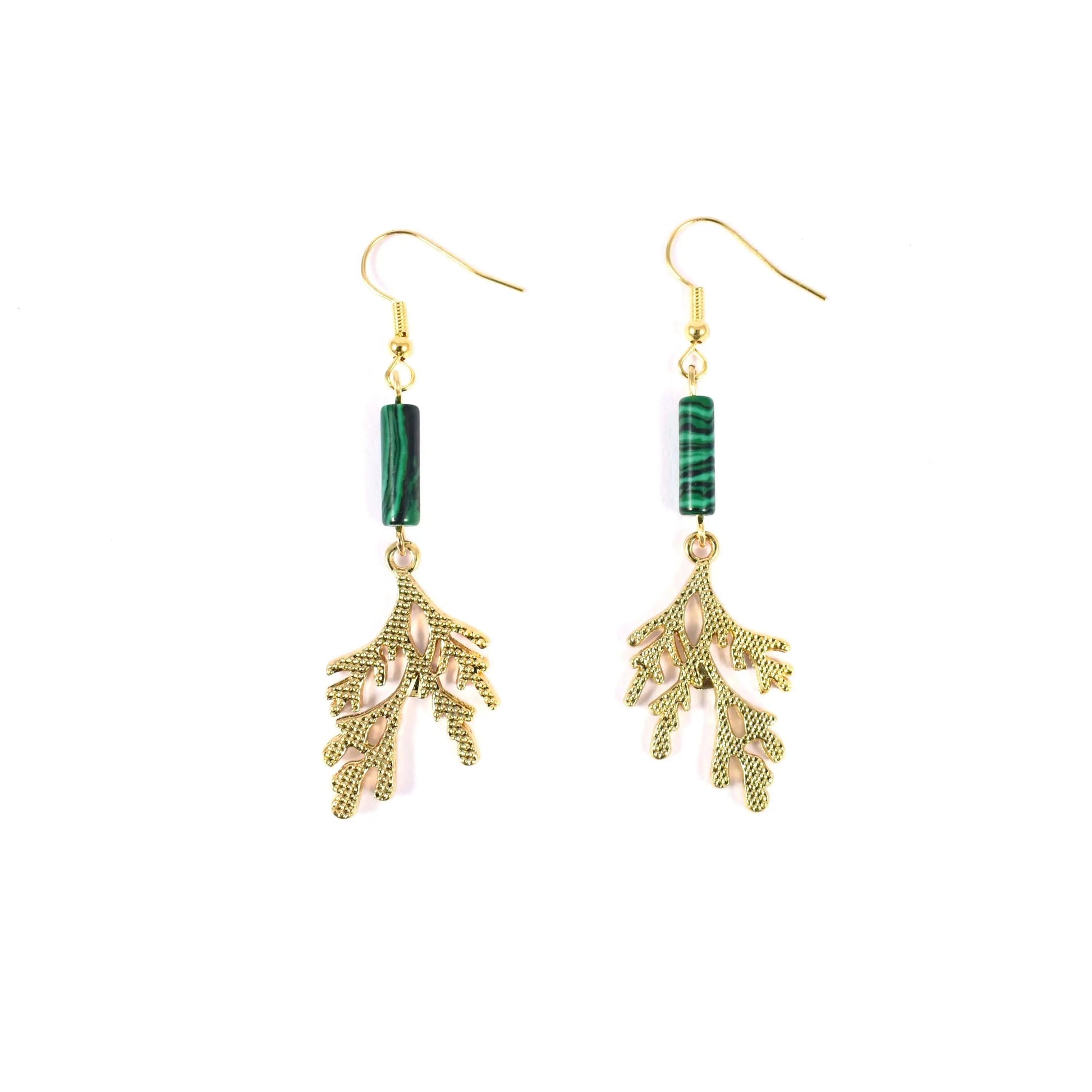 Green Emerald Stone Gold Tree Hanging Drop Earrings