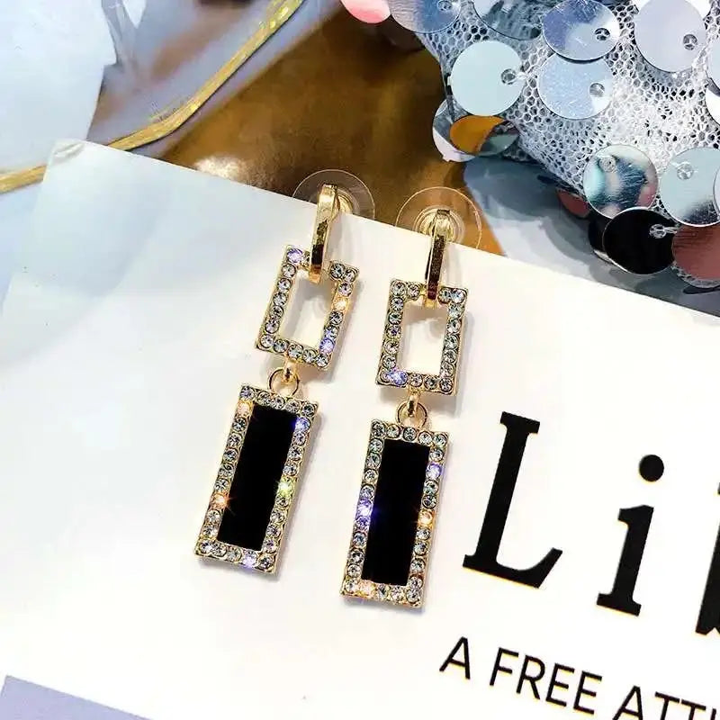 Double rectangle crystal border black golden earrings