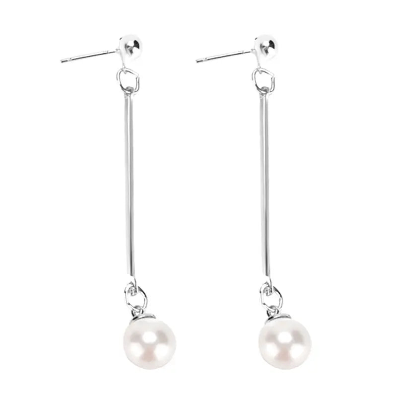 Pearl Long Tassel Bar Drop Earring - Silver