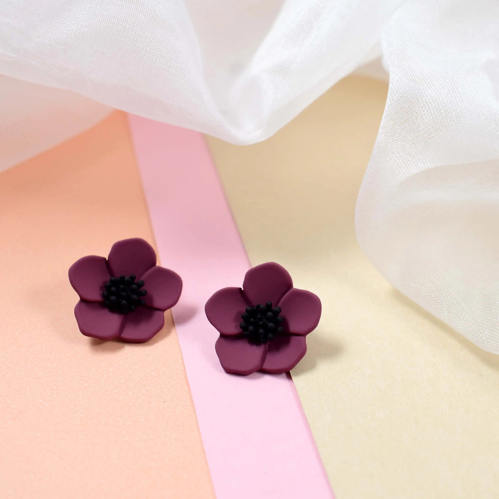 Hawaiian Style Wine Red Flower Minimalist Stud Earrings