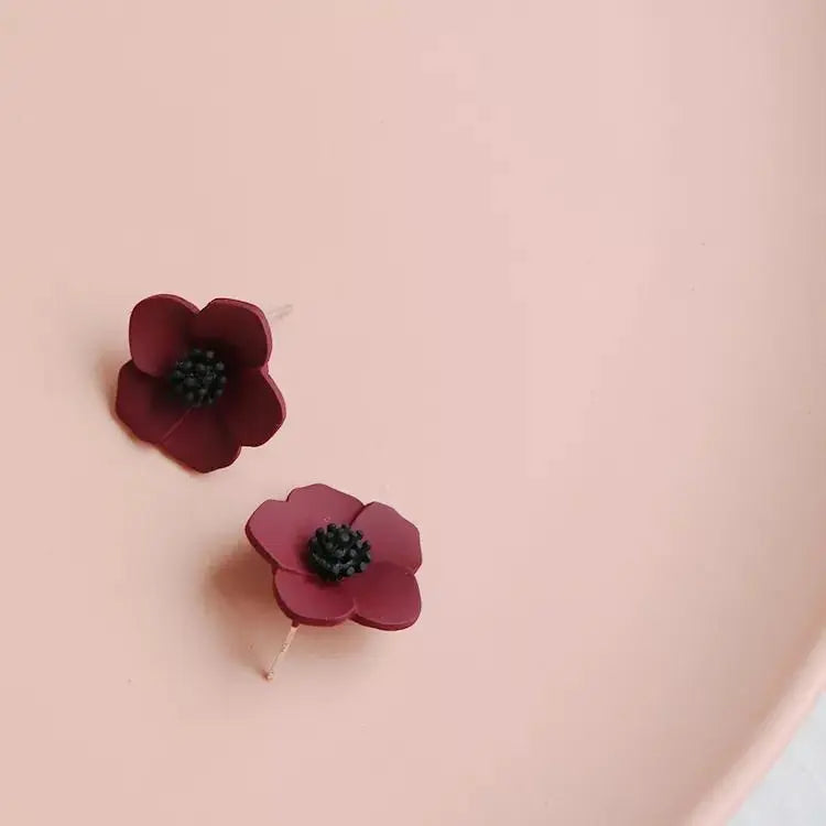 Hawaiian Style Wine Red Flower Minimalist Stud Earrings | Salty