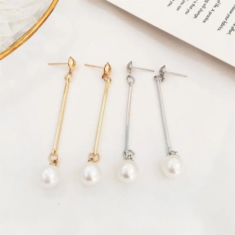 Pearl Long Tassel Bar Drop Earring - Silver