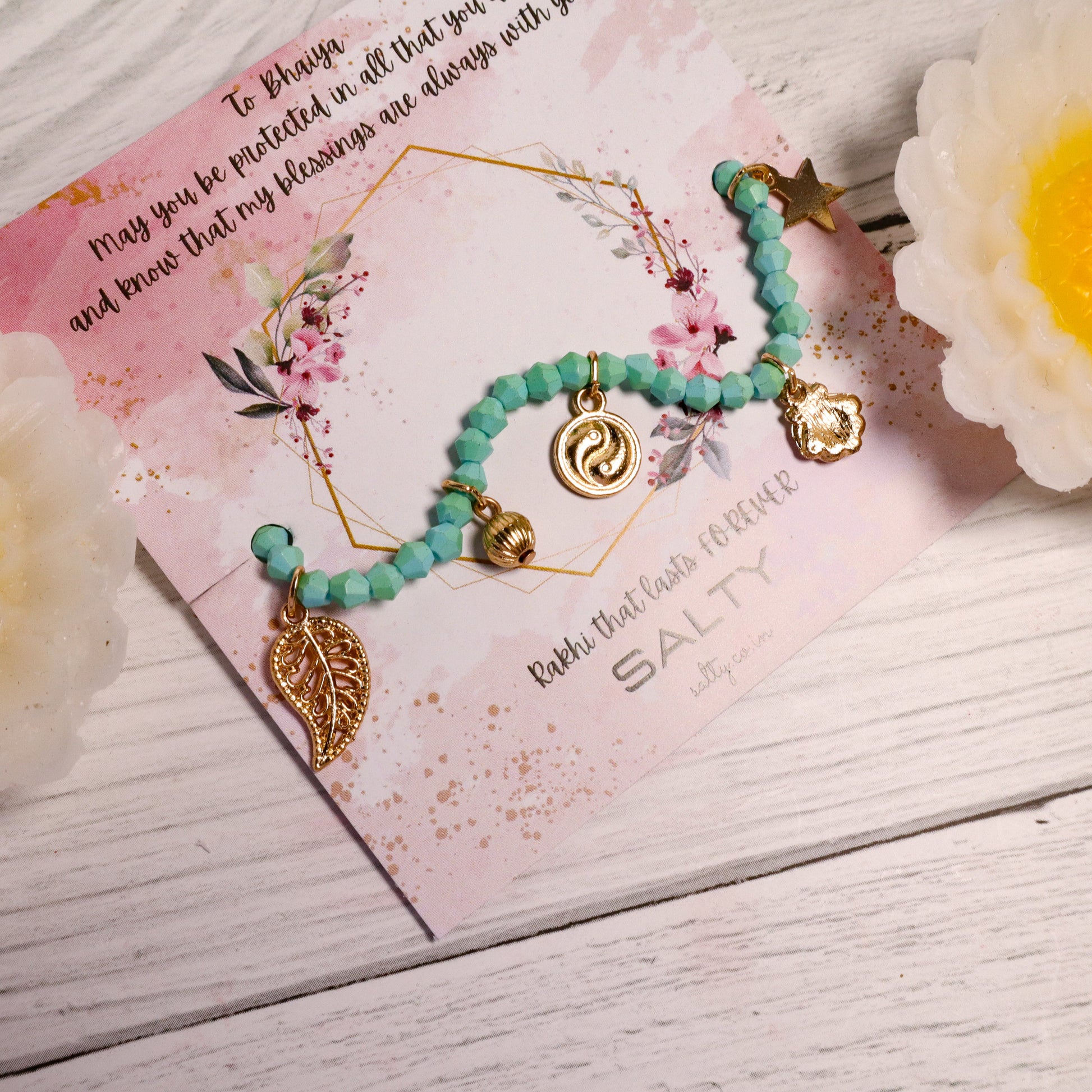 Sea Green Beaded Charms Rakhi Gift Box Salty