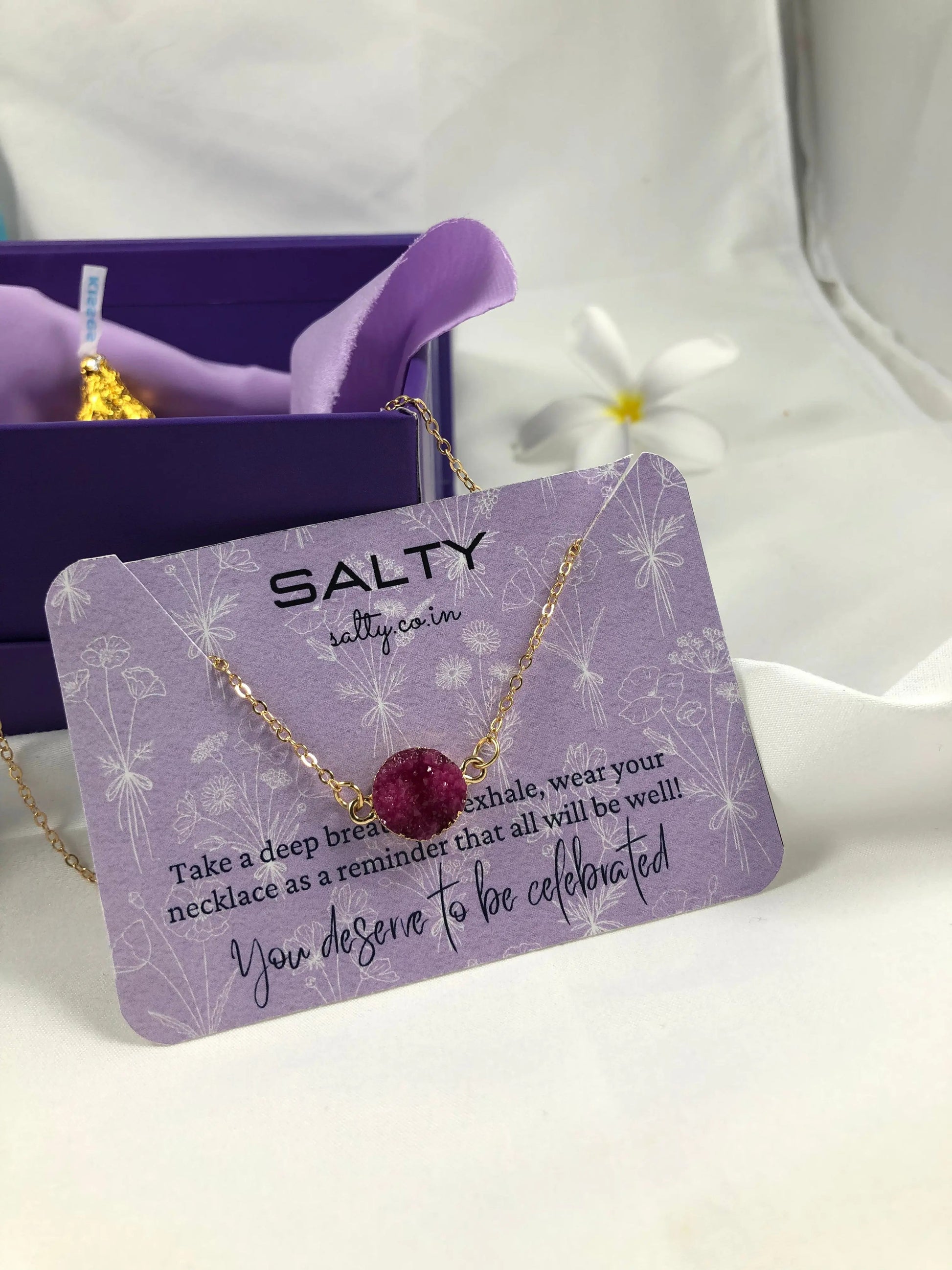 Fuchsia Druzy Crystal Round Charm Necklace - Gold