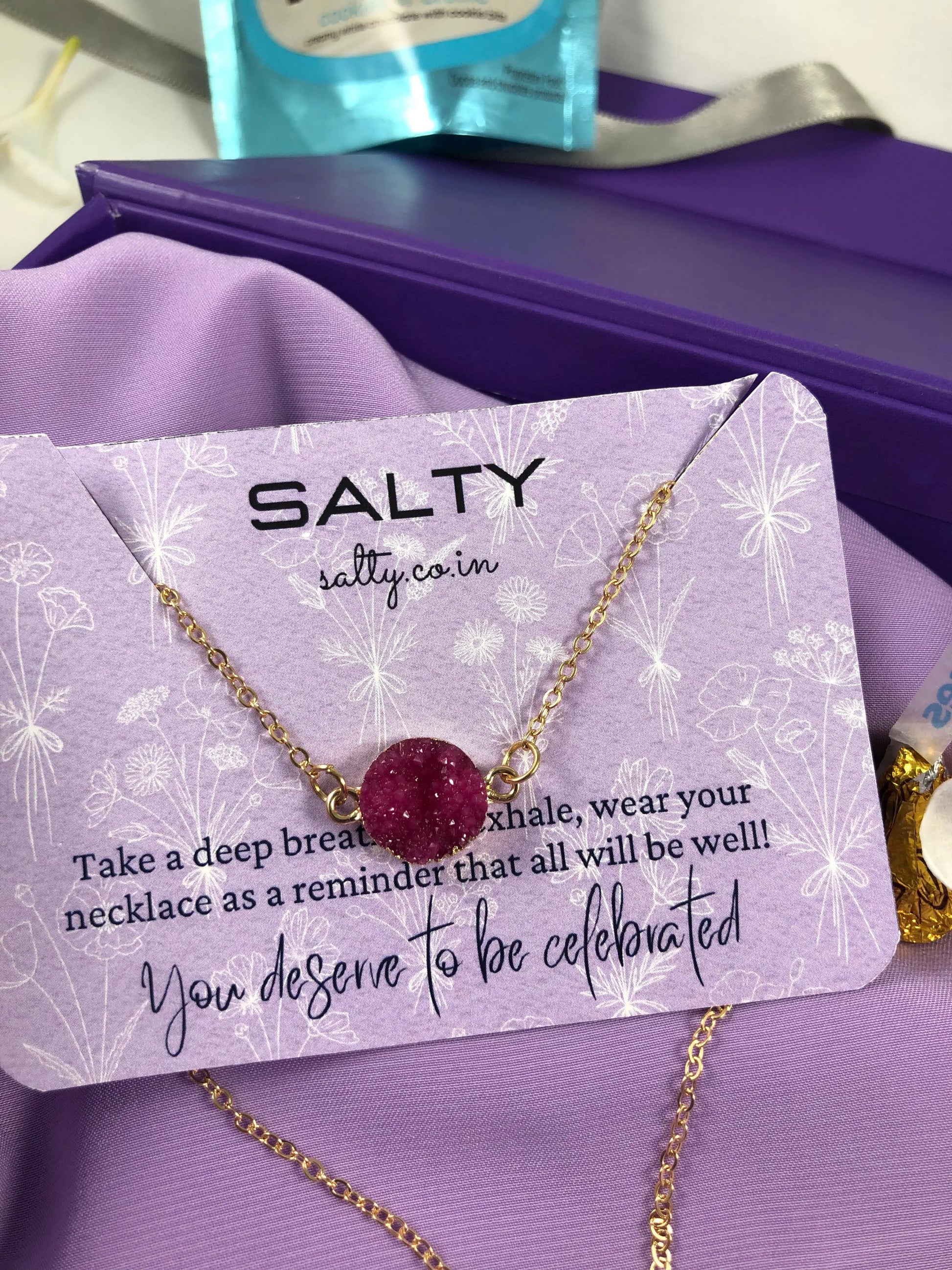 Fuchsia Druzy Crystal Round Charm Necklace - Gold