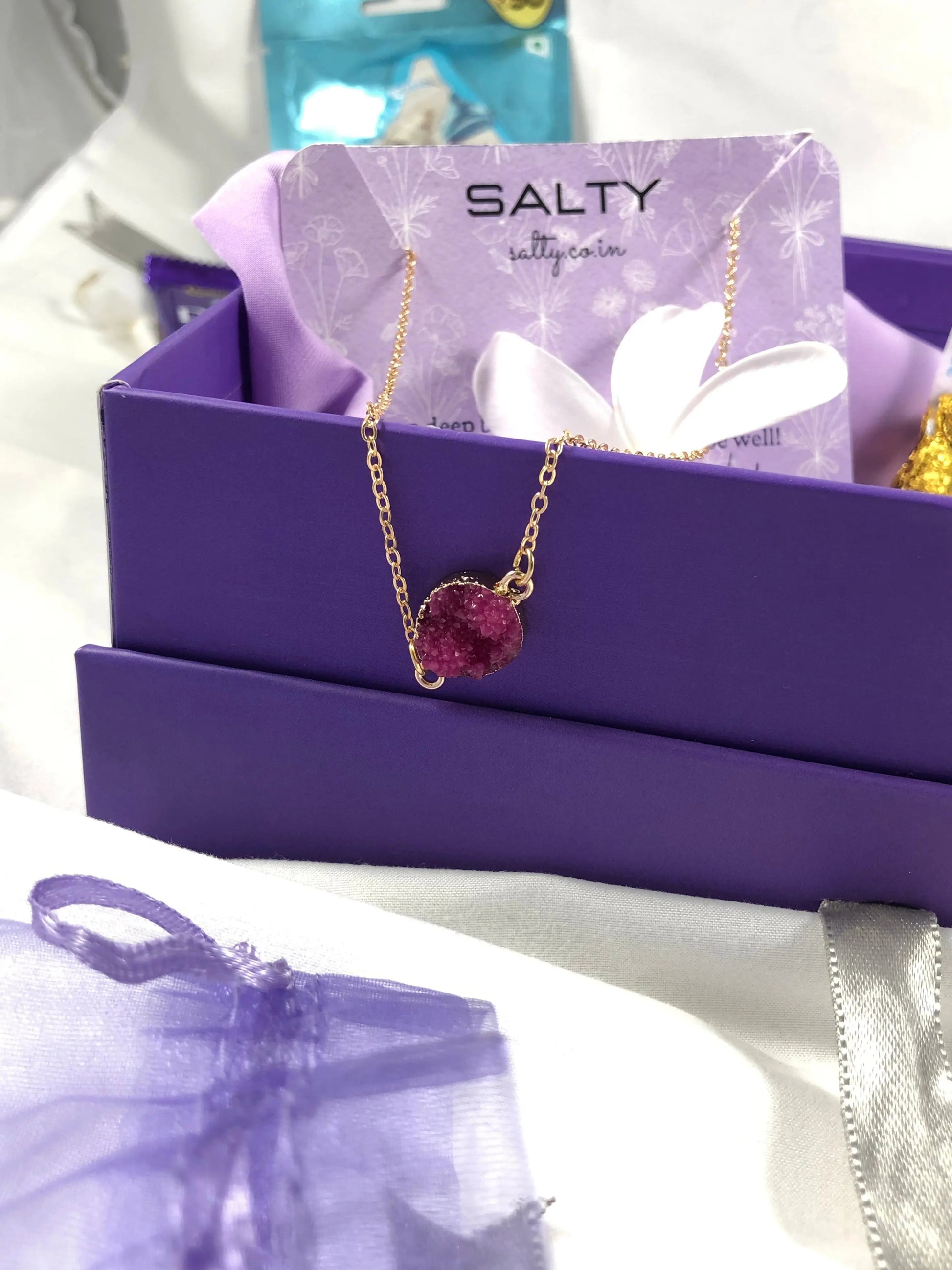 Fuchsia Druzy Crystal Round Charm Necklace - Gold