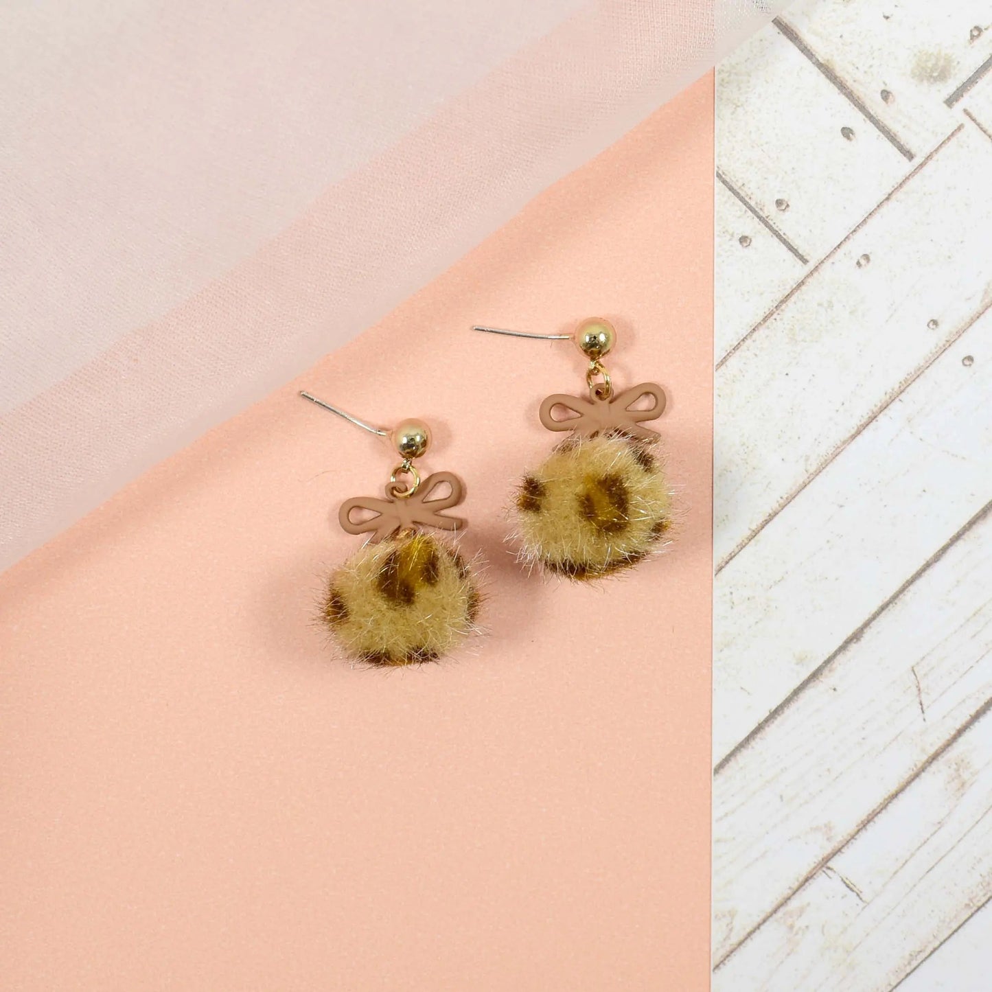 Leopard print fur ball brown bow drop earrings