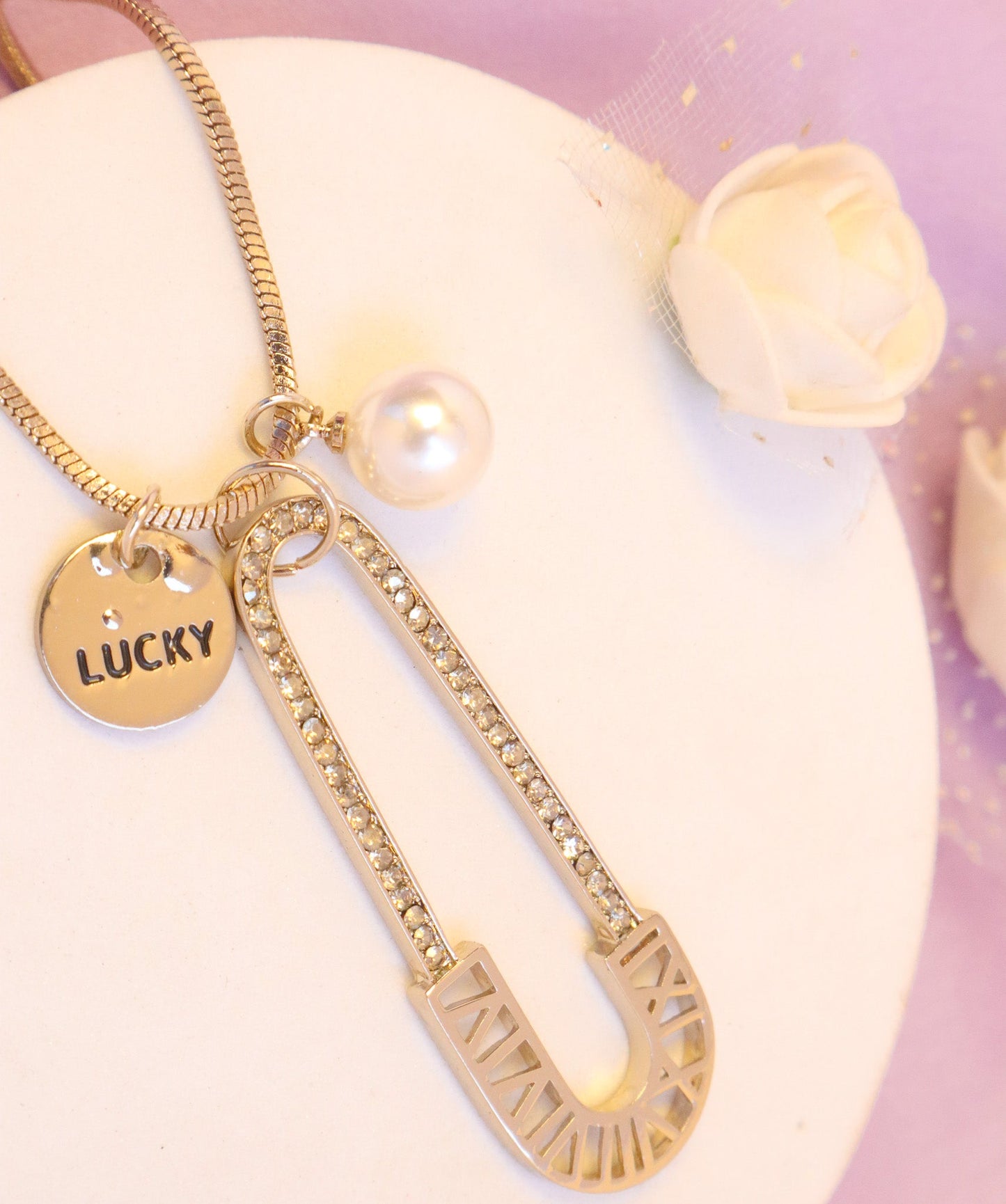 Lucky Safety Pin Necklace - Gold
