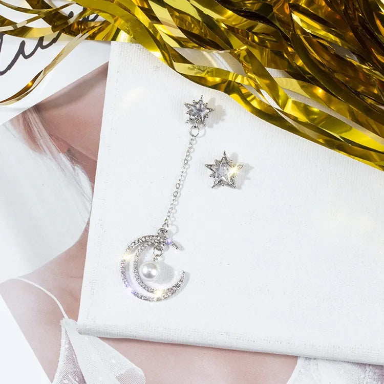 Mis Match Pearls Star And Moon Earrings