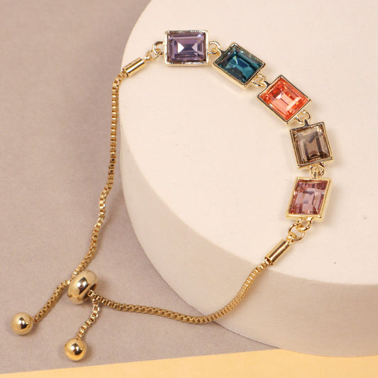 Multi Colour Glass Crystal Bracelet - Gold