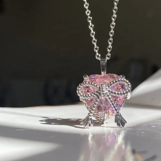 Pink Crystal Heart & Bow Necklace Salty