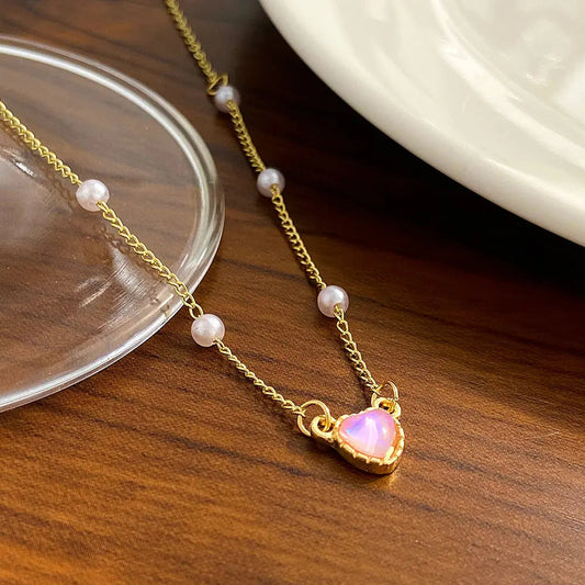 Pretty Pink Heart And Pearl Necklace