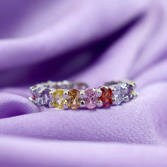 Rainbow Oval Tennis Ring - Silver