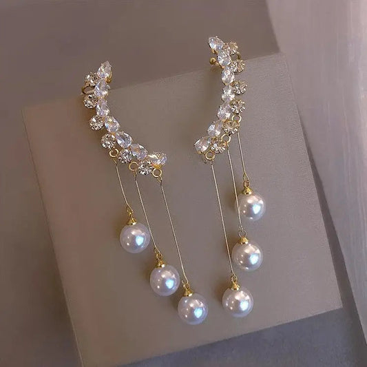 Rhinestone Climber Multiple Pearl Drop Earrings